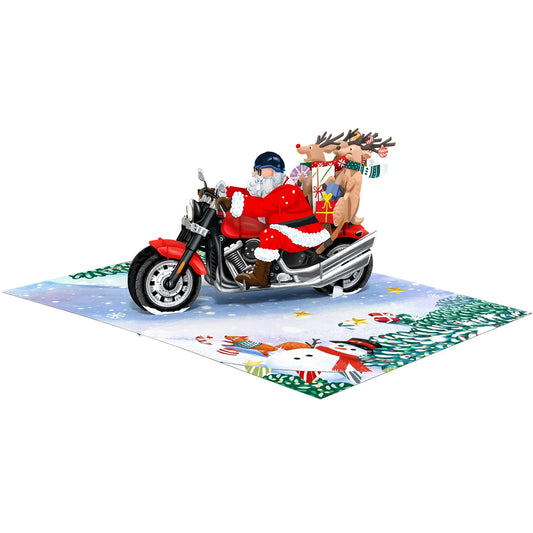 Biker Santa and Reindeer on Motorcycle Pop Up Card