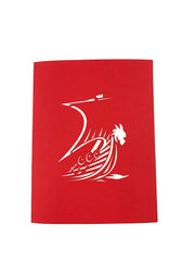 Front cover of card with red color features Viking ship
