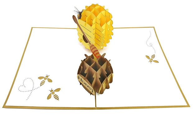 Intricate greeting card, a 3D colorful bee and beehive with honeypot pop-up