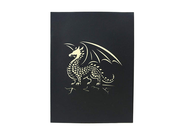 Front cover of card with black color features legendary dragon