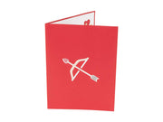 Front cover of card with red color features cupid's bow and arrow