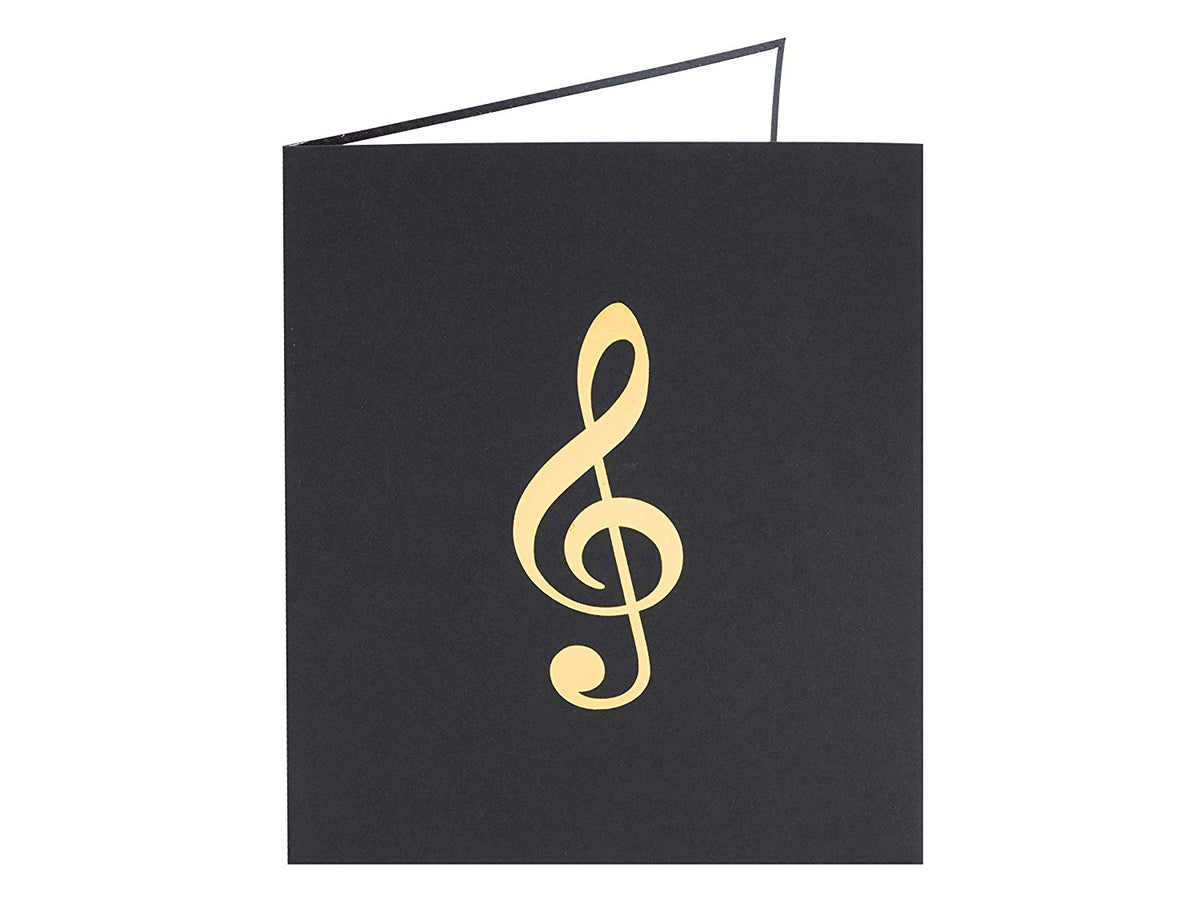 Front cover of card with black color features treble clef design