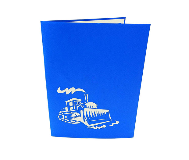 Front cover of card with blue color features bulldozer