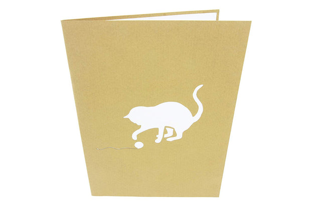 Front cover of card with brown color features cat playing