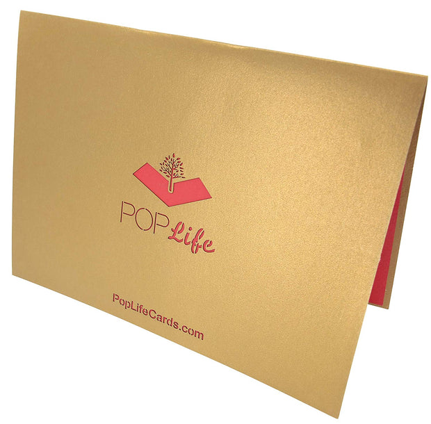 Back cover of card with gold color and printed PopLife logo