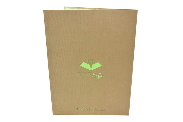 Back cover of card with brown color and printed PopLife logo