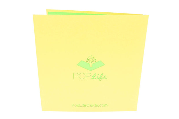 Back cover of card with yellow color and printed PopLife logo