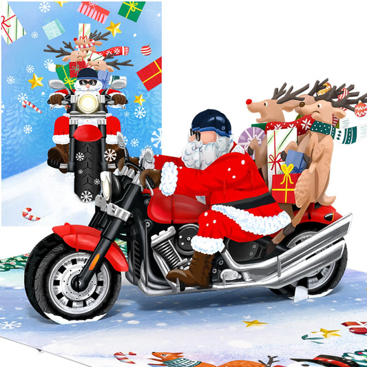 Biker Santa and Reindeer on Motorcycle Pop Up Card