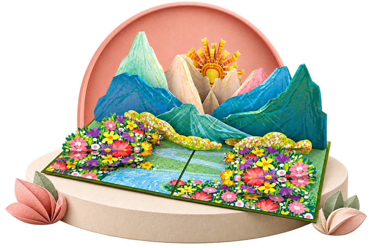 Wildflower Meadow & Mountains Pop Up Card paper stage