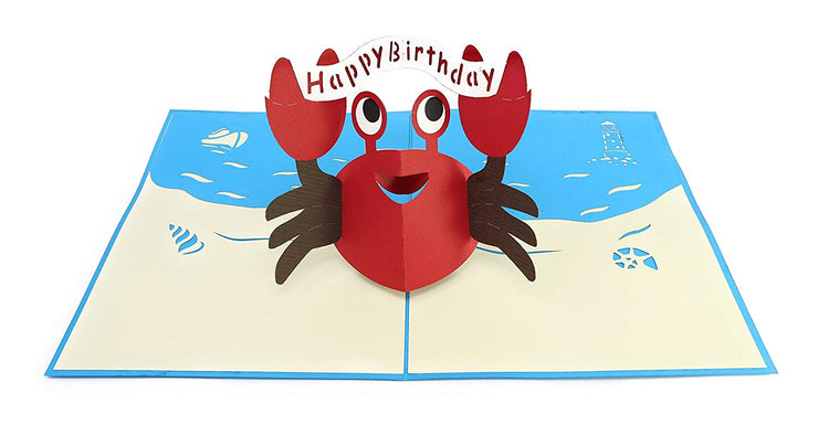 PopLife Pop-Up card features cute red crab holding happy birthday banner