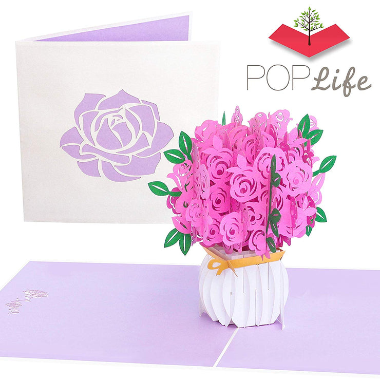 PopLife Pink Roses pop-up Mother's Day card | Laser Cut Pink Roses in White Bouquet Vase