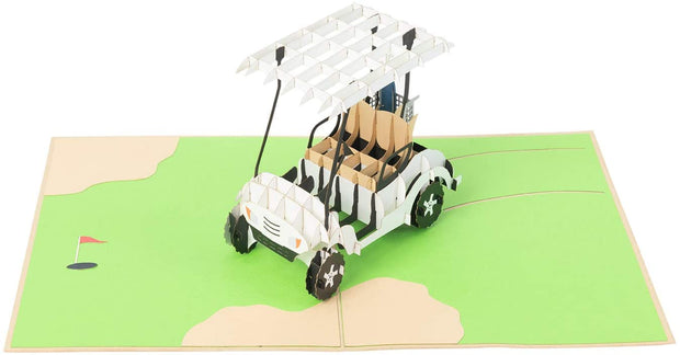 PopLife Pop-Up card features white golf cart with bag of clubs in tow