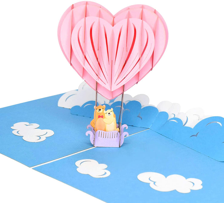 PopLife Pop-Up card features pink heart hot air balloon with bear couple