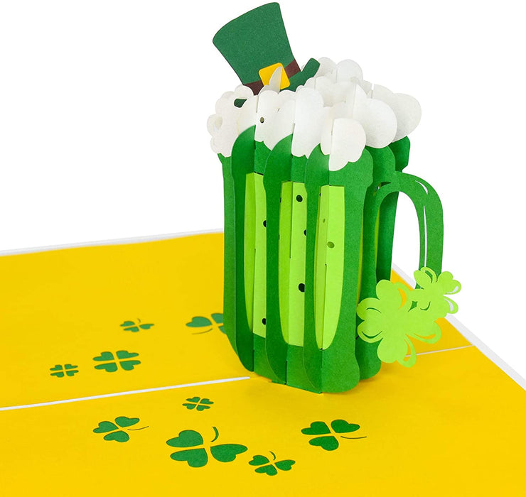 PopLife Pop-Up card features green green beer mug with a leprechaun hat and clover leaves
