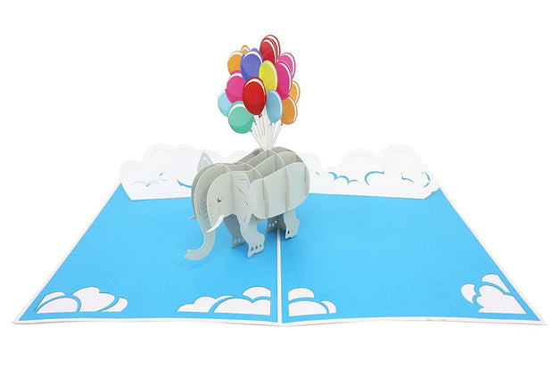PopLife Pop-Up card features cute elephant with balloons  and white clouds