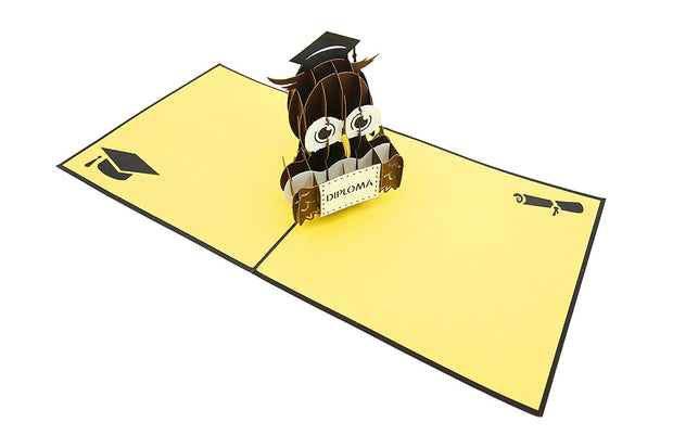 PopLife Pop-Up card features an owl wearing graduation cap and holding a diploma