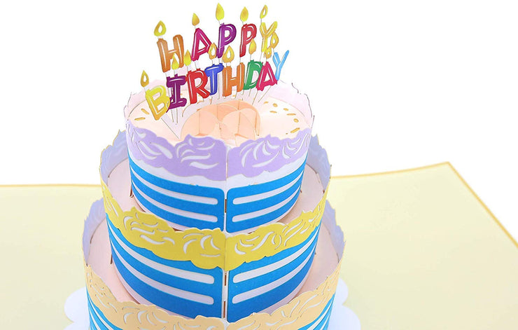 PopLife Pop-Up card features Colorful 3 tier birthday cake with "HAPPY BIRTHDAY" candles on top