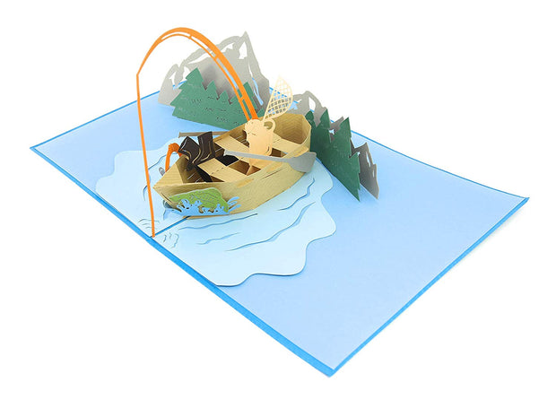 PopLife Pop-Up card features fishing vessel in the river mountain