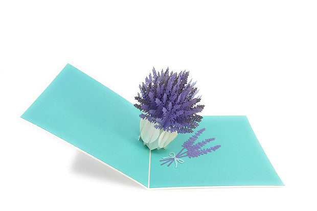 A bunch of purple flower in a vase pop-up card