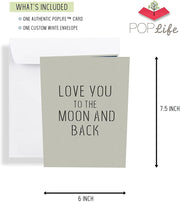 The closed Love You to the MOON pop up card is 6" wide by 7.5" tall