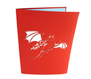 Front cover of card with red color features flying fire-breathing dragon