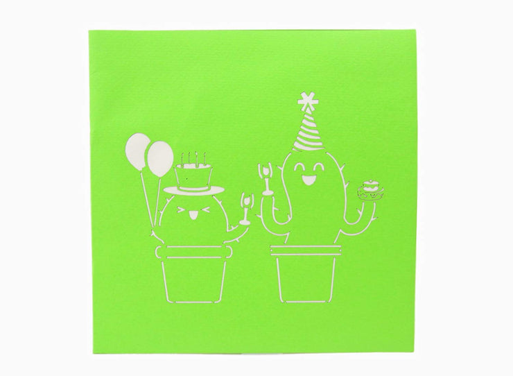 Front cover of card with green color features two cactus party