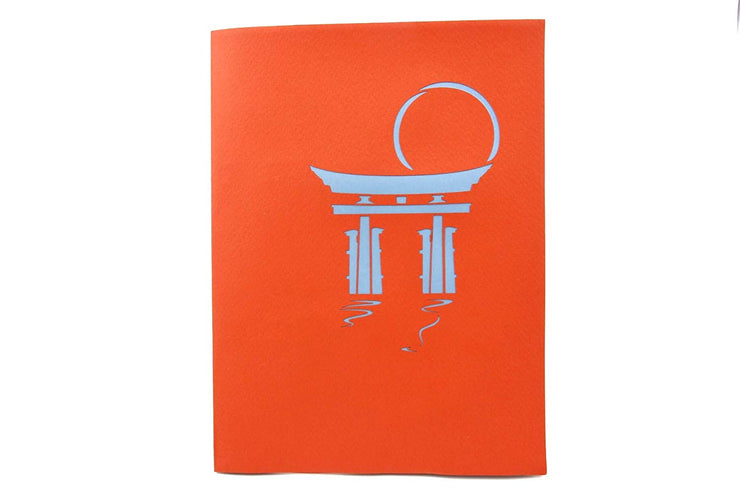 Front cover of card with red color features Japanese Torii