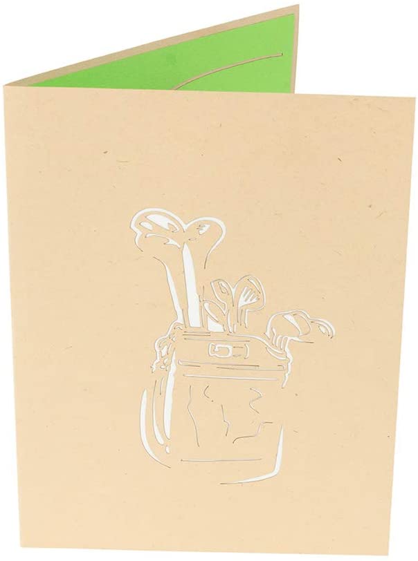 Front cover of card with beige color features bag of clubs design