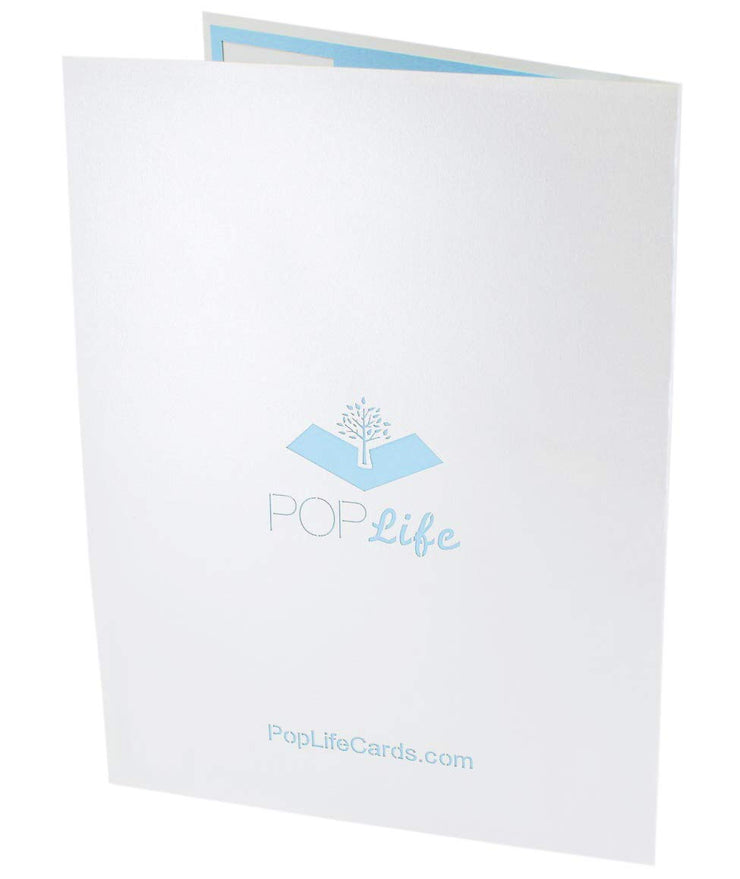 Back cover of card with light grey color and printed PopLife logo