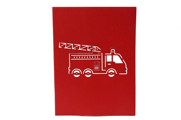 Front cover of card with red color features Firetruck design