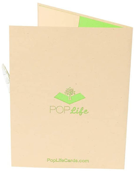 Back cover of card with beige color and printed PopLife logo