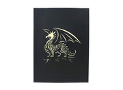 Front cover of card with black color features legendary dragon