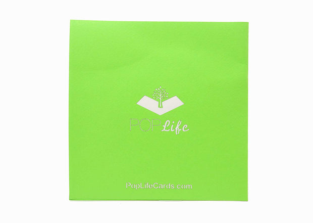 Back cover of card with green color and printed PopLife logo