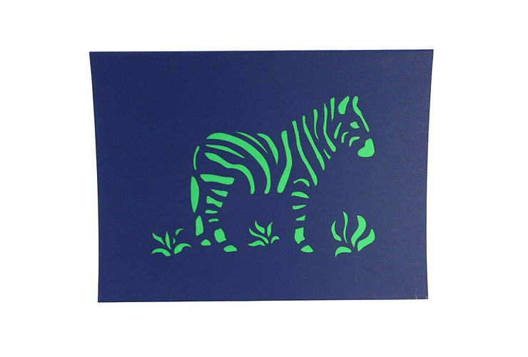 Front cover of card with blue color features zebra and grasses