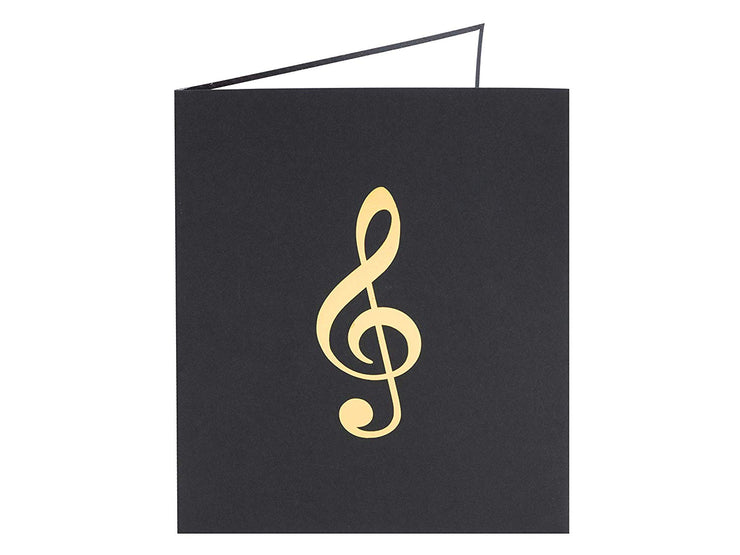 Front cover of card with black color features treble clef  design