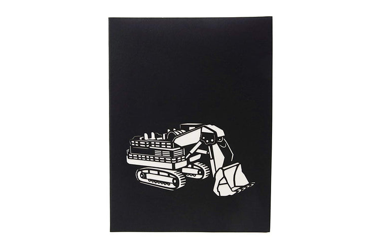 Front cover of card with black color features digger excavator machine