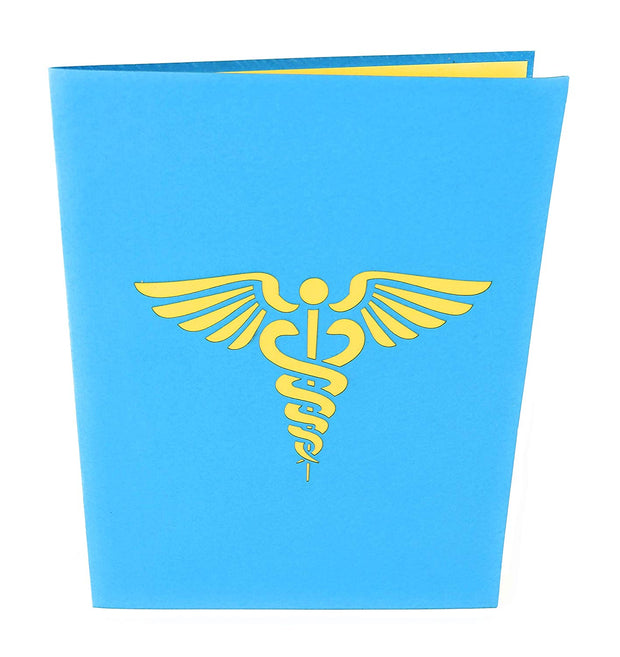 Front cover of card with blue color features Caduceus, staff of Hermes 