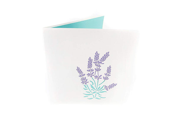 Front cover of card with light grey color features French lavender flowers