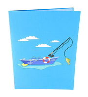 Front cover of card with blue color features fishing boat in the water and with clouds