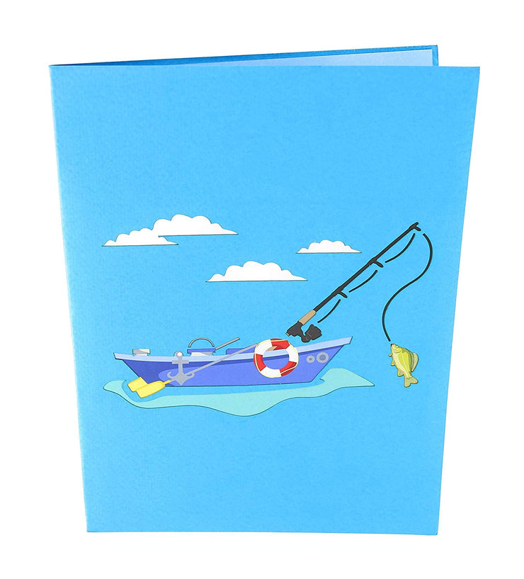 Front cover of card with blue color features fishing boat in the water and with clouds