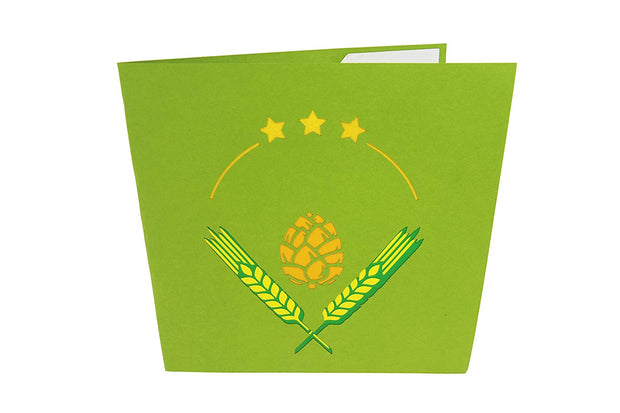 Front cover of card with green color features hops and barley design
