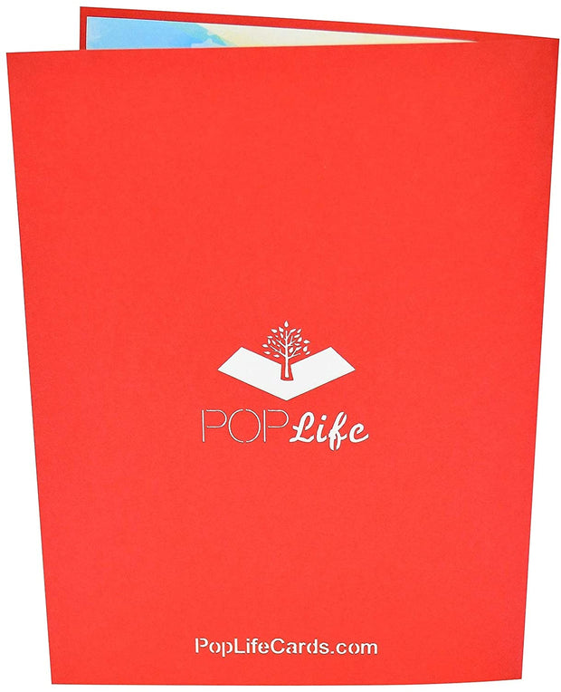 Back cover of card with red color and printed PopLife logo