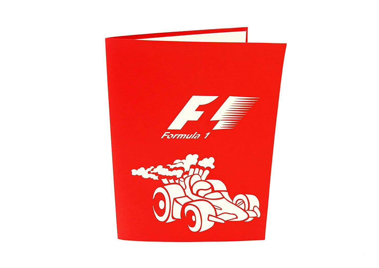 Front cover of card with red color features "F1 Formula 1" Racing Car