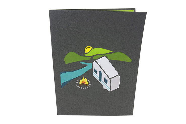 Front cover of card with light black color features camping scene