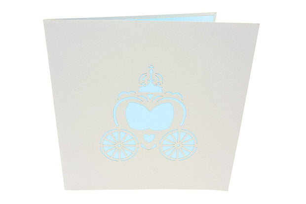 Front cover of card with gray color features a beautiful carriage