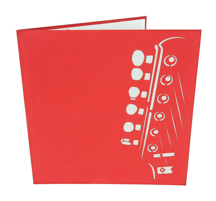 Front cover of card with red color features guitar head & tuning keys