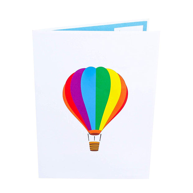 Front cover of card with light grey color features rainbow colored hot air balloon design