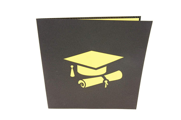 Front cover of card with black color features graduation cap and diploma design