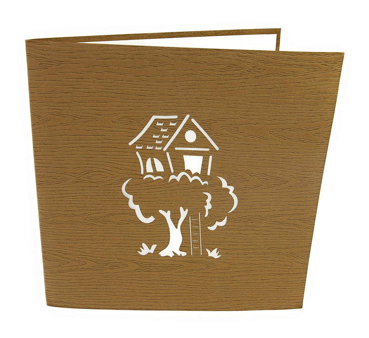 Front cover of card with brown color features tree house design