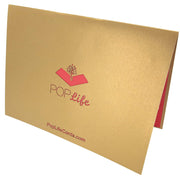 Back cover of card with gold color and printed PopLife logo